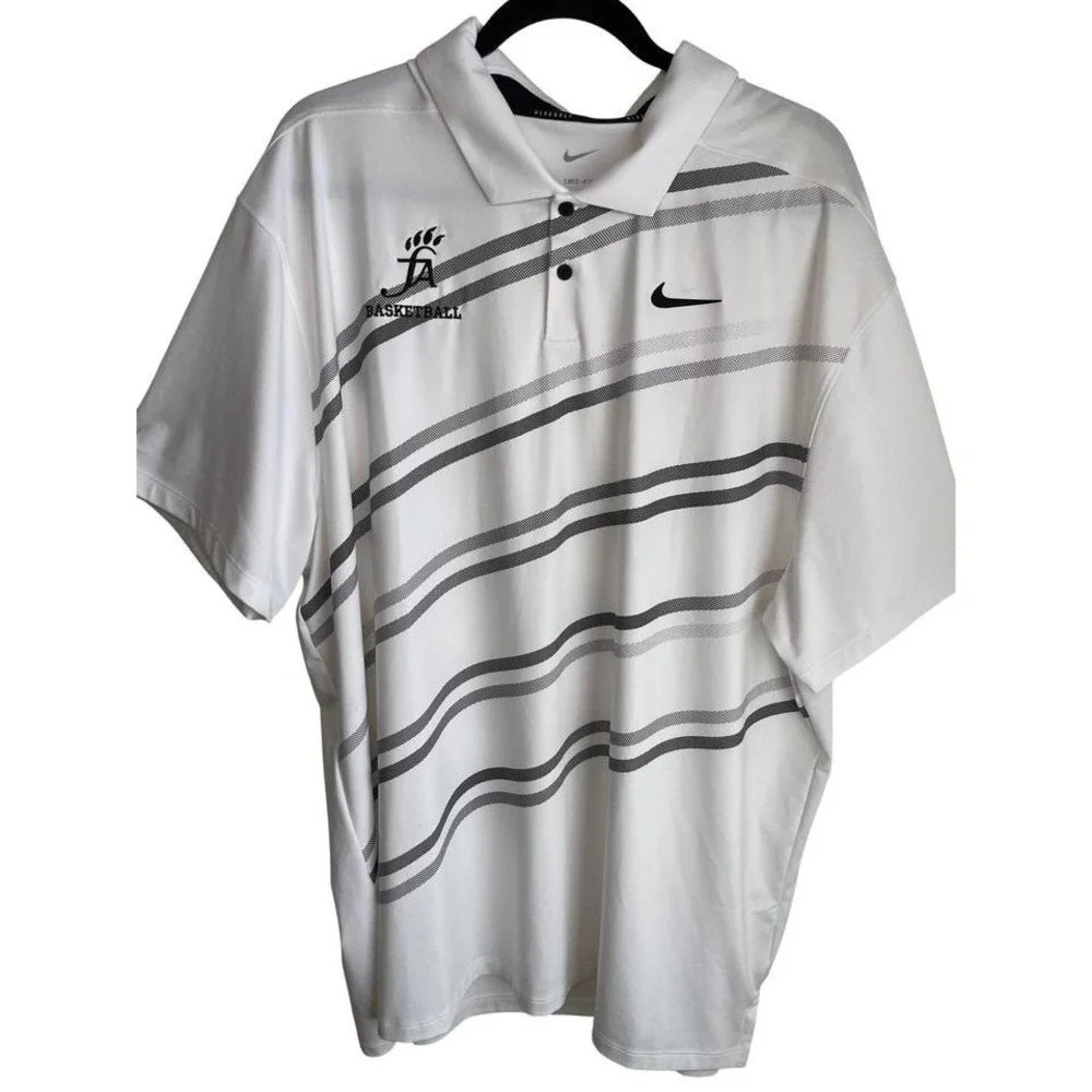 Nike Golf‎ Dri-FIT Mens XXL Polo Shirt White Grey Striped FA Basketball Logo